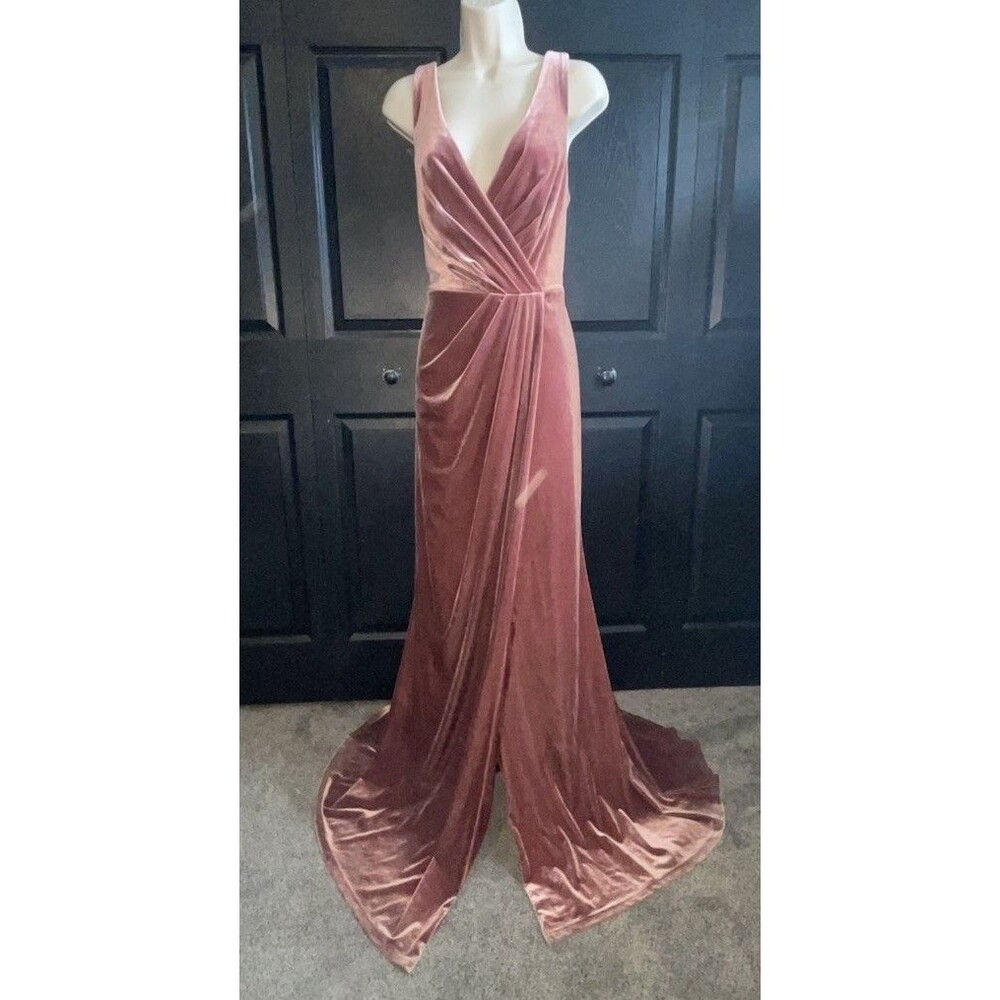 Revelry Dusty Rose Velvet Wrap V Neck Bridesmaid Formal Maxi Dress Size 12